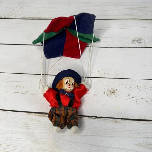 Vintage Small Ceramic & Cloth Clown Toy with Parachute Collectible Hanging Decor - Picture 2 of 9